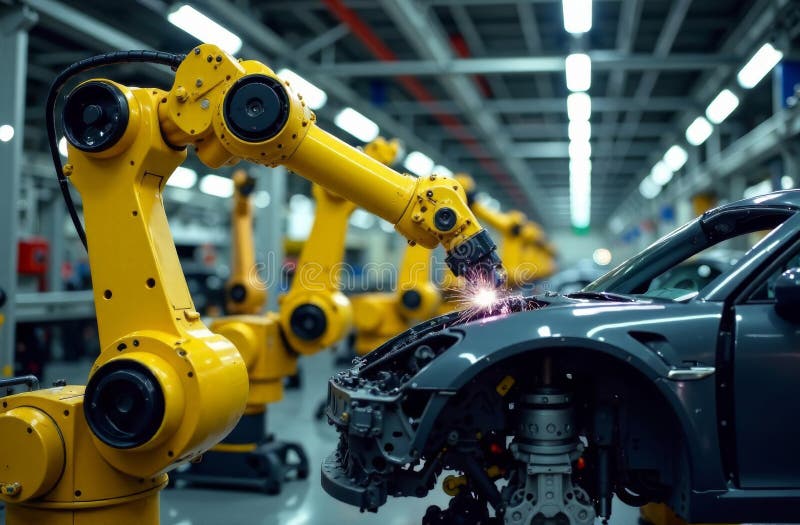 Industrial robot arm welding car body in an automotive manufacturing facility royalty free stock photos