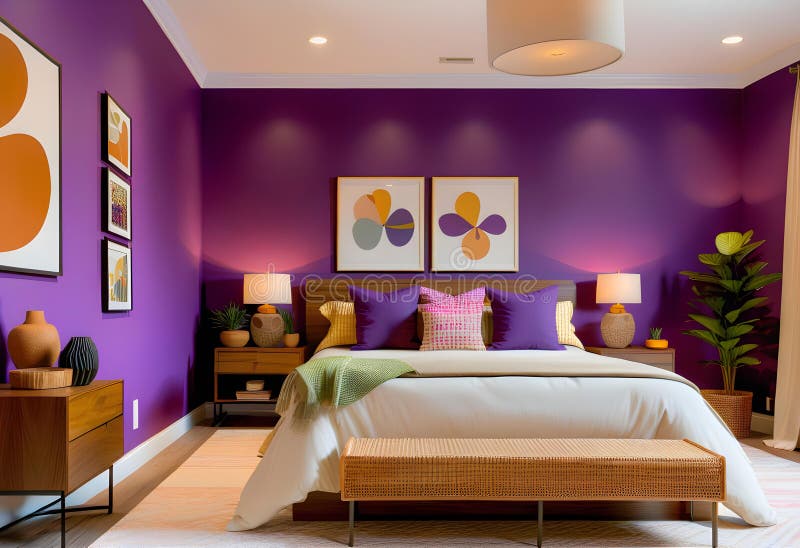A Large Bedroom with a Purple Accent Wall Stock Illustration