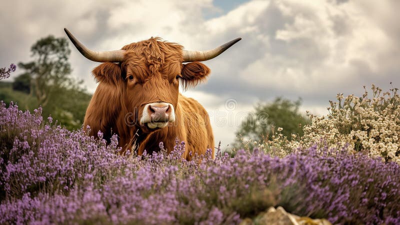 A large beef breed bull grazing in a meadow filled with lupines, sage, and lavender. Horizontal format