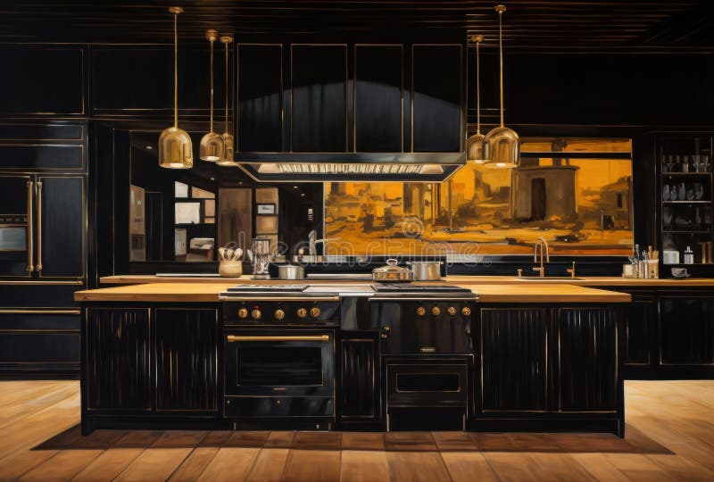 A Large Black and Gold Kitchen with Wood, Stock Image Image of table