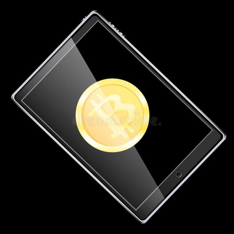 A large black realistic mobile smart touch-sensitive slim tablet computer turned on its side with a gold coin bitcoin, the crypto- stock illustration