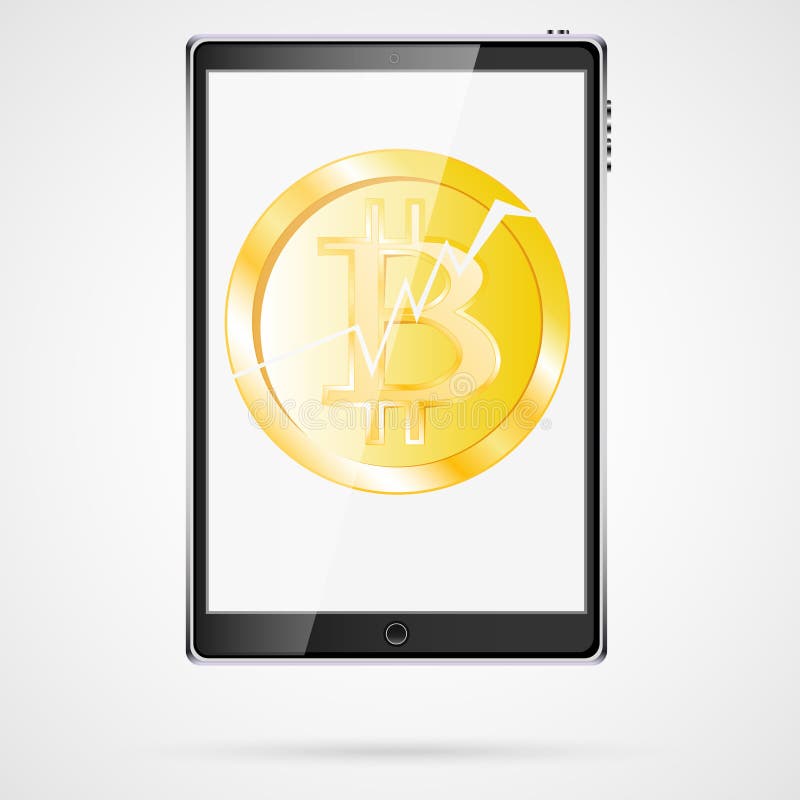 A large black realistic mobile smart touch sensitive thin tablet computer with a broken coin bitcoin, a crypto-currency cracked on royalty free illustration