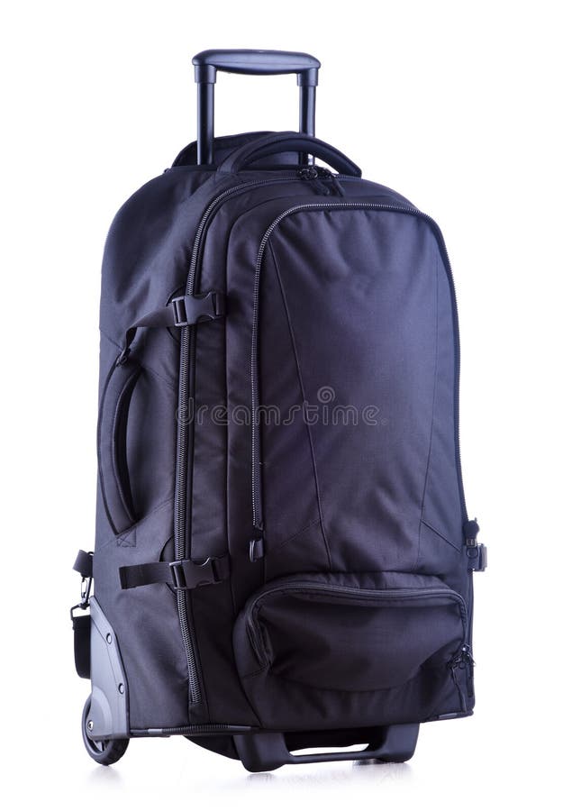 Large Black Tourist Backpack with Wheels Isolated on White Stock Photo