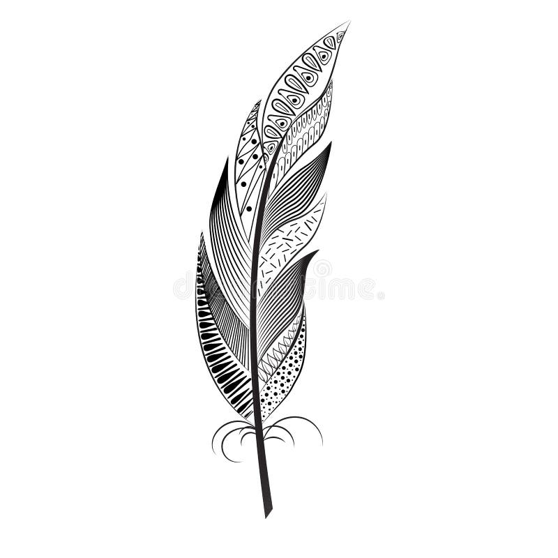 A Large Black and White Feather with Patterns. Boho Style Stock Vector
