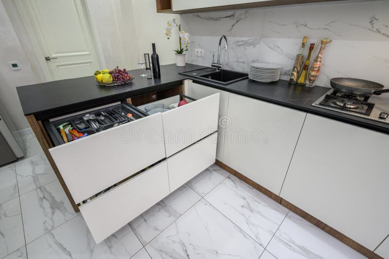Large White and Black Luxury Kitchen Interior, High Angle View Stock