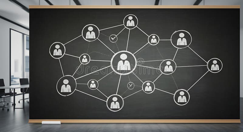 A large blackboard in an office setting displays a network diagram with stock illustration