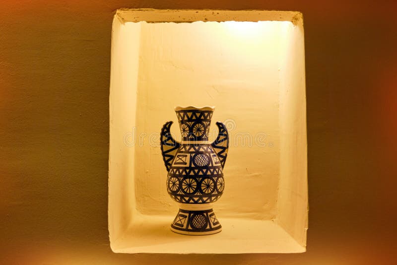 Large Blue Ceramic Vase with Arabic Patterns. White with Blue Abstract Pattern Amphora Stands in