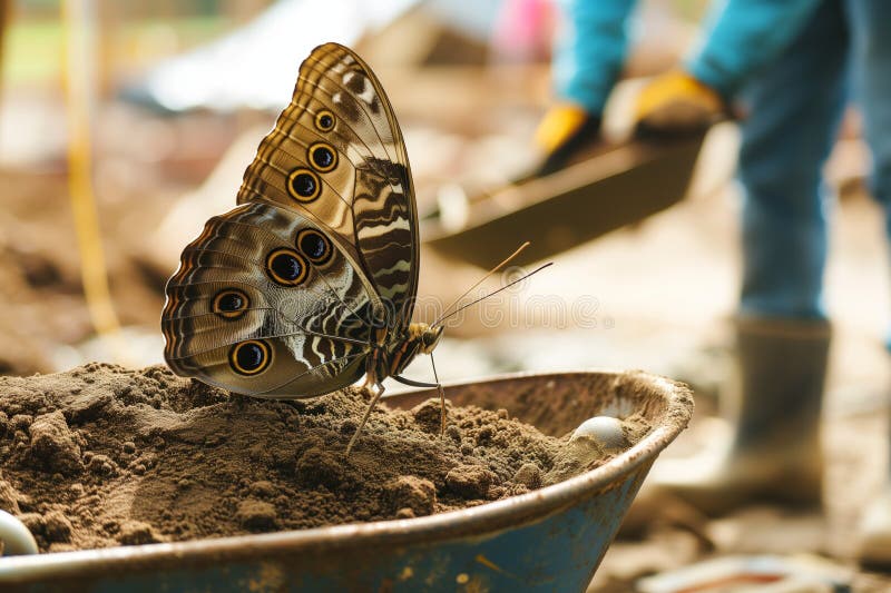Fluturaș mare pe o persoană cu roți care încarcă solul în apropiere. Fluture mare pe un roabă care încarcă solul în apropiere creat cu ajutorul generației