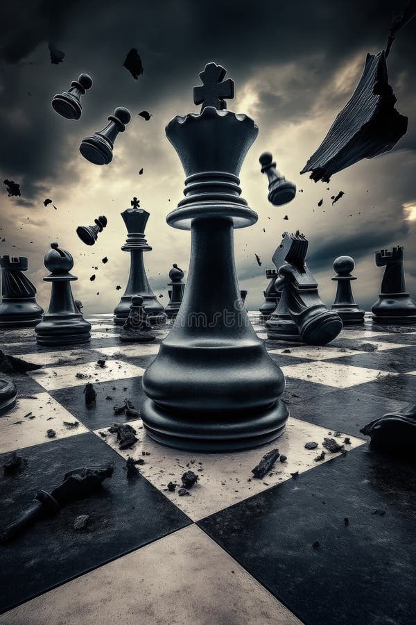 Generative AI Dramatic chess scene with toppled pieces and falling chessmen on a stormy background business concep royalty free stock photo
