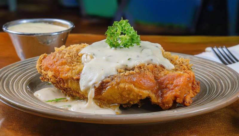 A large chicken fried steak with cream gravy is served royalty free illustration