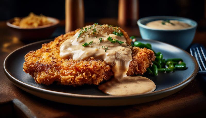 A large chicken fried steak with cream gravy is served vector illustration