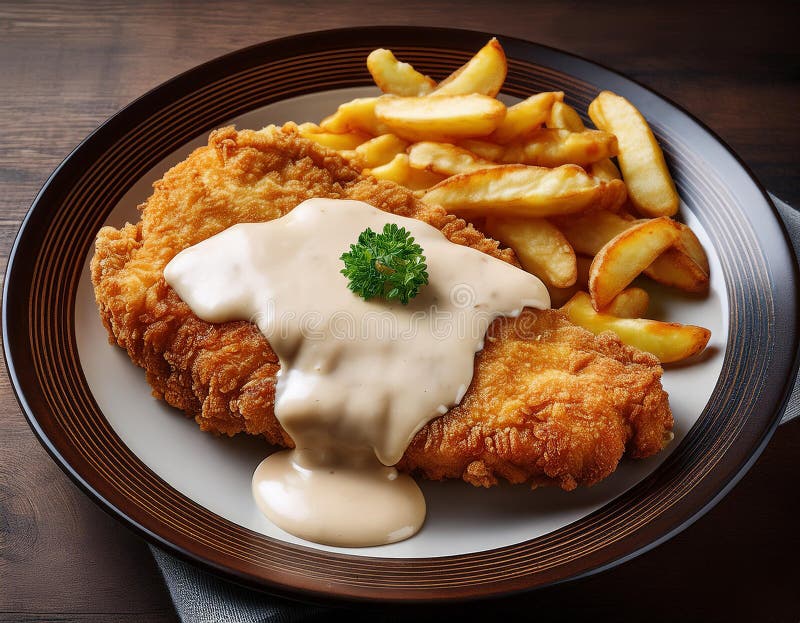 A large chicken fried steak with cream gravy is served royalty free illustration