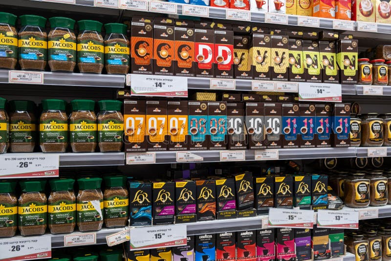 Large Choice of Instant Coffee Products and Pods at an Israeli Supermarket Stock Image - Image of glass, jacobs: 191031414