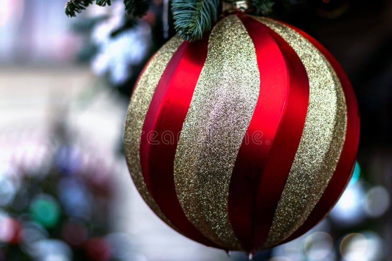 Large Christmas ball closeup, golden with red. Hanging on the green branch. Happy Christmas royalty free stock images Large Christmas ball closeup, golden with red. Hanging on the green branch. Happy Christmas royalty free stock images