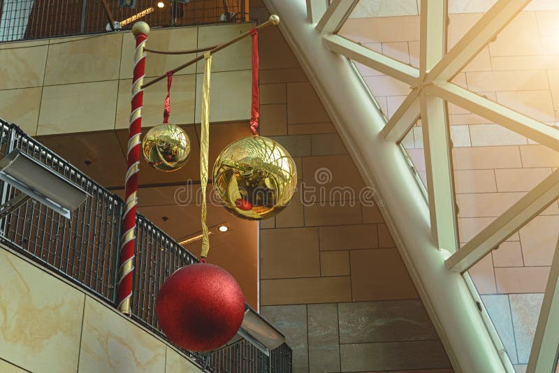 Large Christmas Tree Balls Hanging at the Mall. Toning Stock Photo