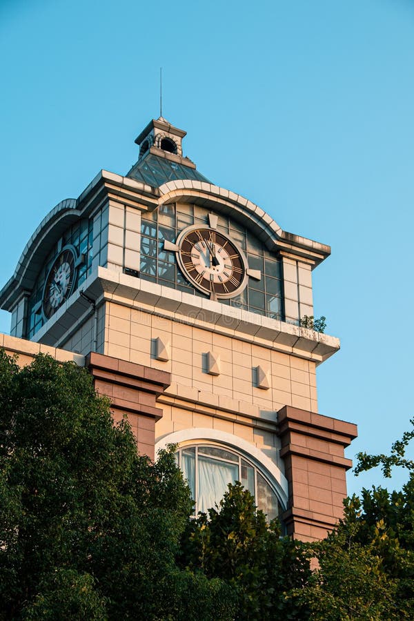 Large Clock Tower in a Corner of a Shopping Mall in Wuhan Stock Image