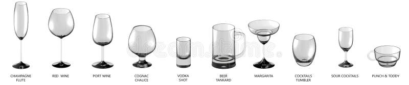 3D illustration of big collection of various glasses for wines and cocktail drinks isolated on white, side-top view - drinking