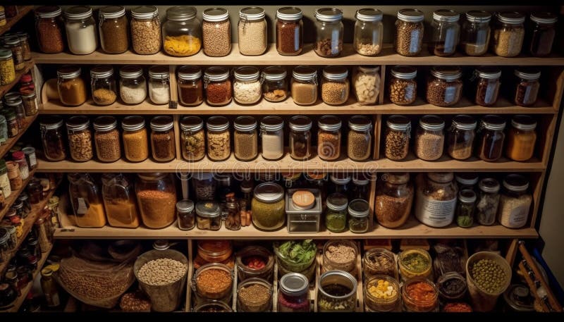 A large collection of multi colored spice jars on wooden shelf generated by  AI 25493552 Stock Photo at Vecteezy