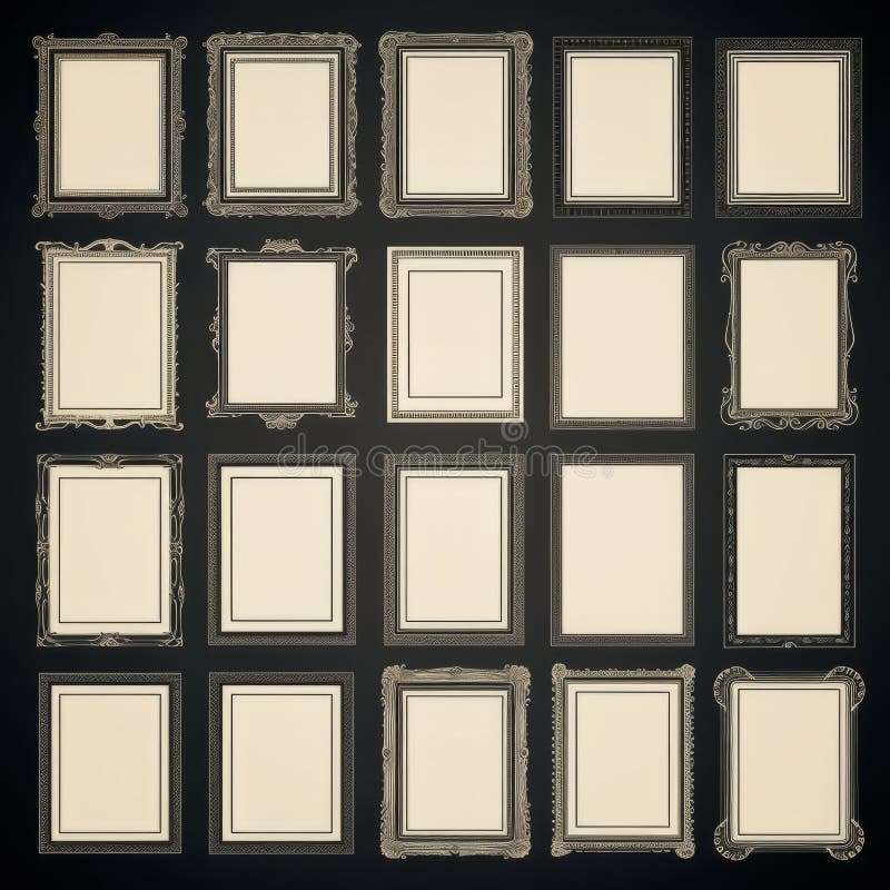A Large Collection of Vintage Frames on a Black Background Stock