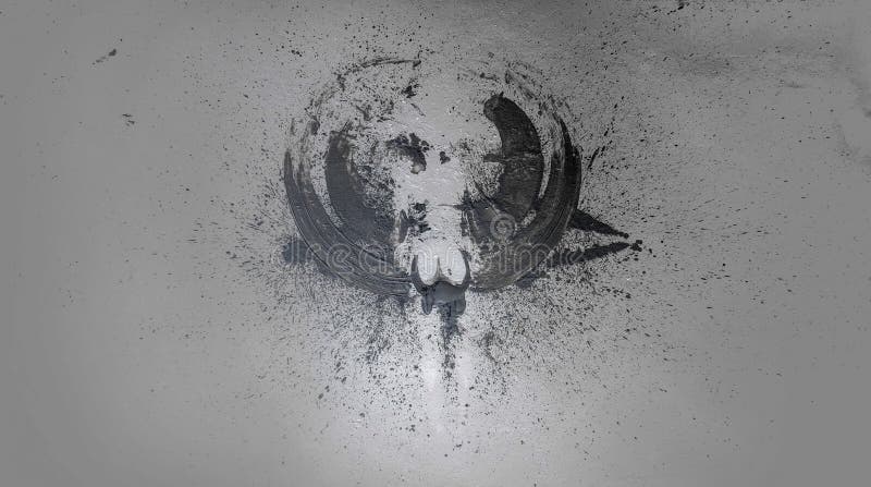 Large color stain in the shape of an angel on the studio floor after throwing paint on the model, copy space royalty free illustration
