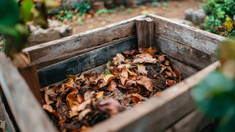 A large compost container made from wood holds fallen leaves and organic matter in an inviting garden setting stock image