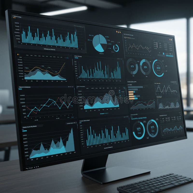 A large computer monitor displays a detailed data dashboard with various charts and vector illustration