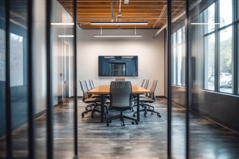 A large conference room with a long table and chairs stock image