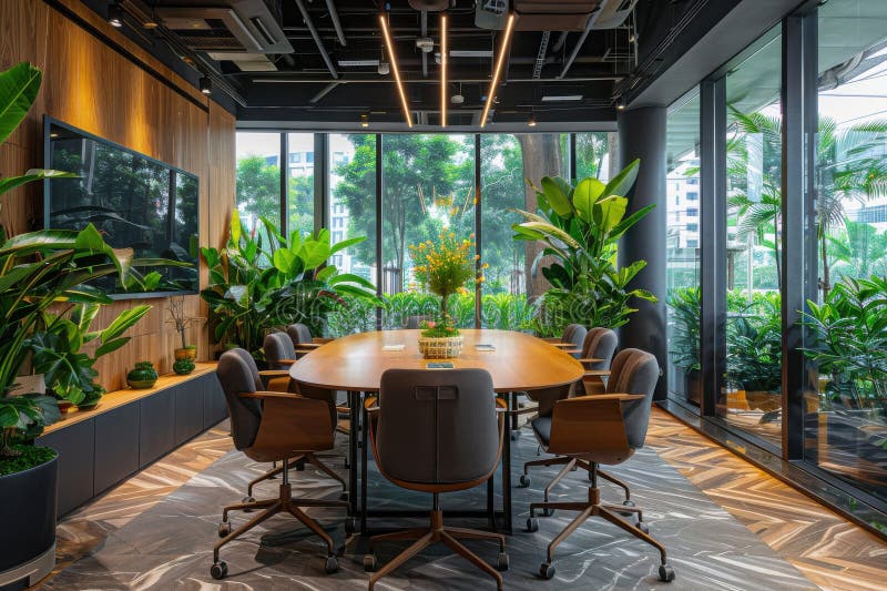 A large conference room with a long table and chairs stock photos