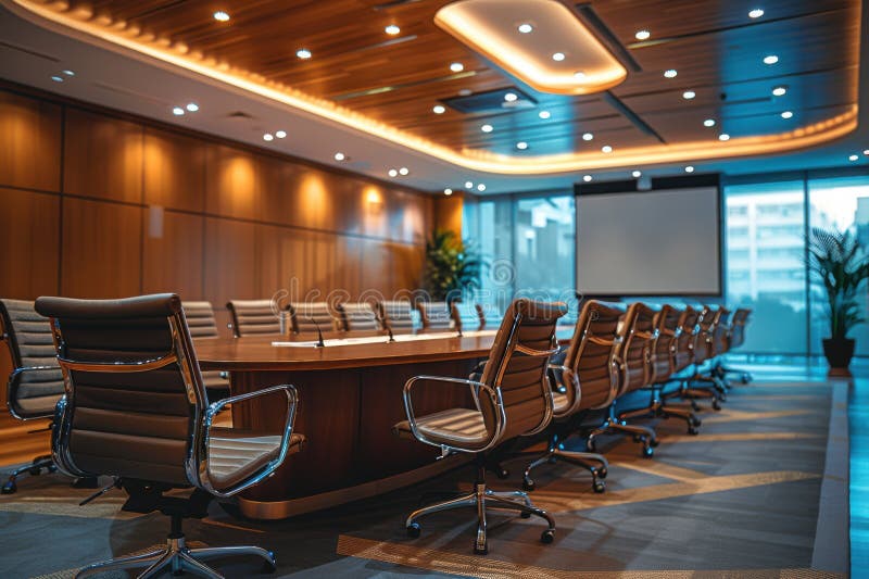 A large conference room with a long table and many chairs royalty free stock image