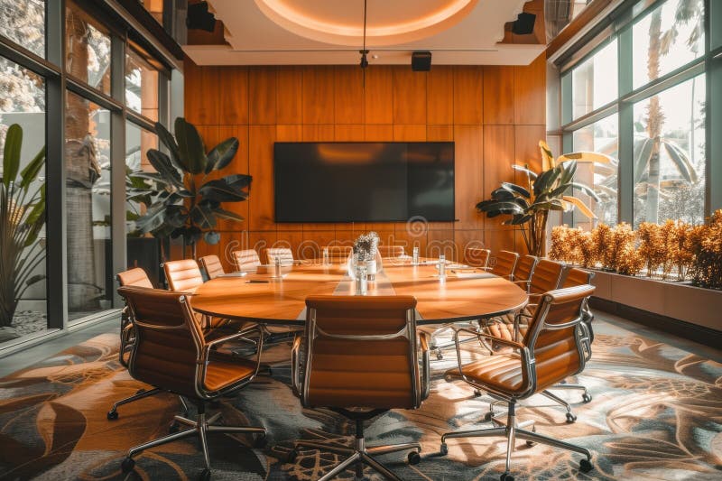 A large conference room with a long table and many chairs royalty free stock images