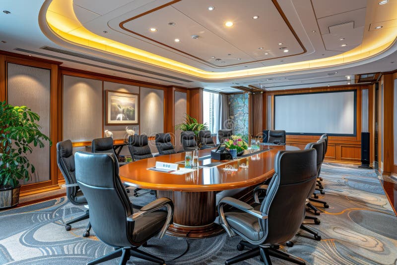 A large conference room with a long table and many chairs stock images