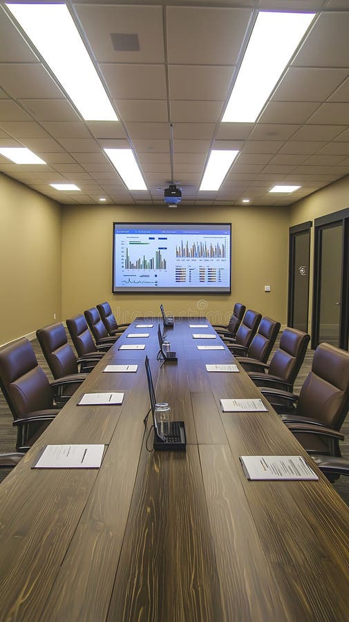 A large conference room with a projector screen royalty free stock photo
