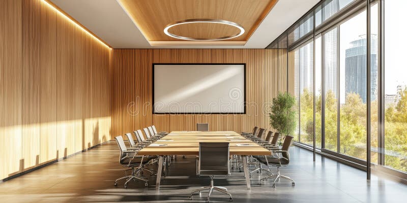 A large conference room with a large white screen and a potted plant stock photo