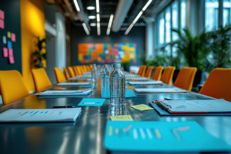 A large conference table with a bottle of water and a stack of papers royalty free stock photo