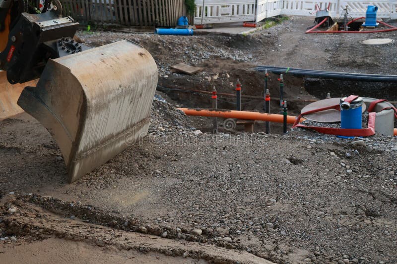 Large construction site with a large shovel digging into the ground stock image