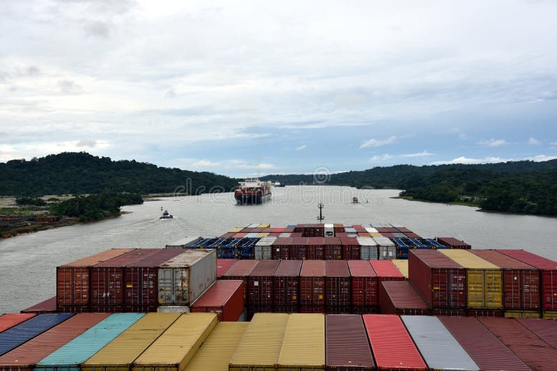 Large Container Ship Transiting Panama Canal. Stock Image Image of