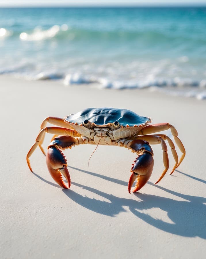 Large crab walking on sandy beach near ocean waves imagem de stock.