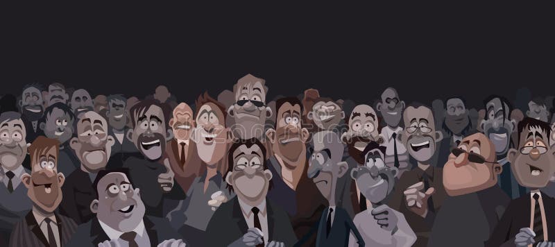 Large crowd of funny cartoon people in a dark room vector illustration