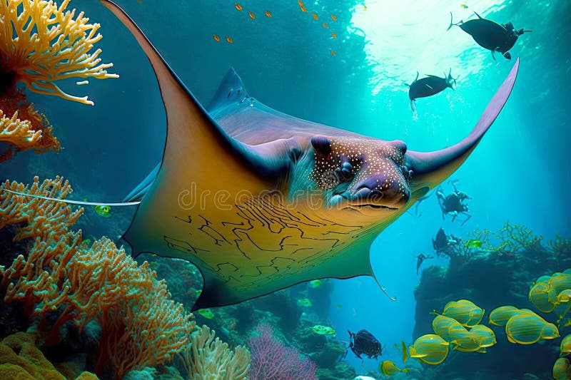 Large Dangerous Manta Ray Underwater Floating Over Corals on Bottom