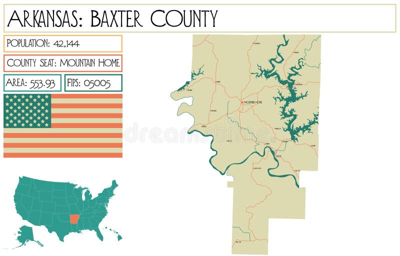 Map of Baxter County in Arkansas, USA. Stock Vector Illustration of