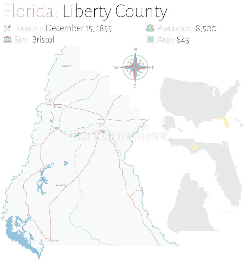 Map of Liberty County in Florida Stock Vector Illustration of