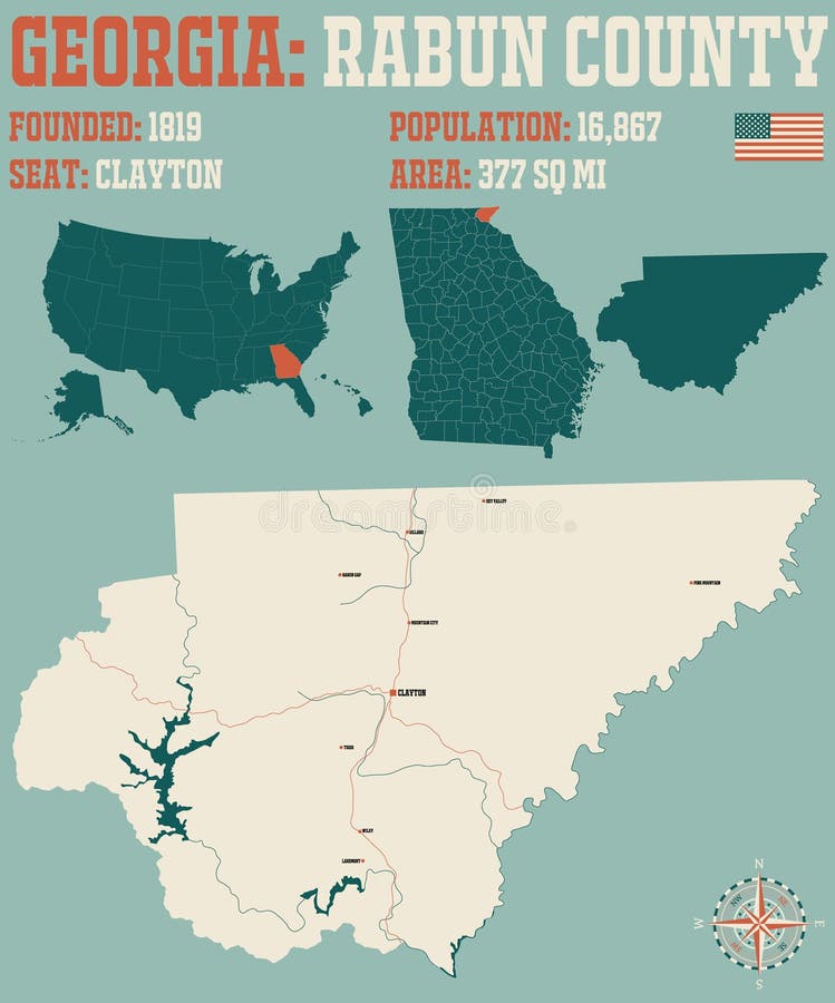 Map of Rabun County in Stock Vector Illustration of rivers