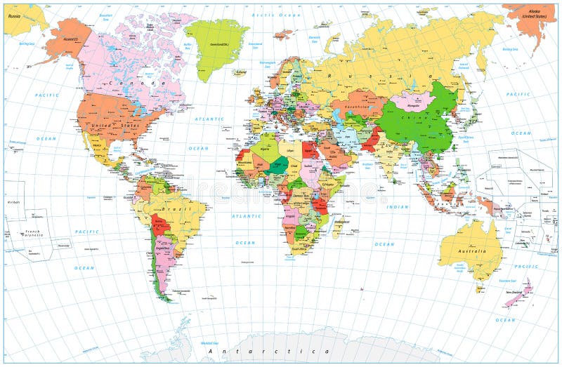 Large detailed political World Map with water objects isolated o royalty free illustration