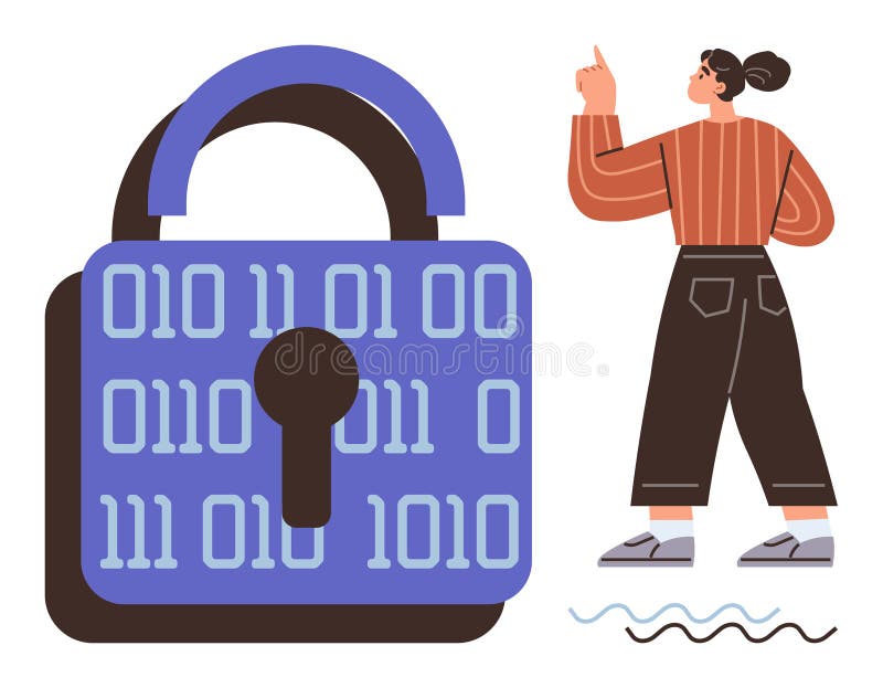 Woman Points Near Digital Padlock with Binary Code Emphasizing Cybersecurity and Data Protection royalty free illustration