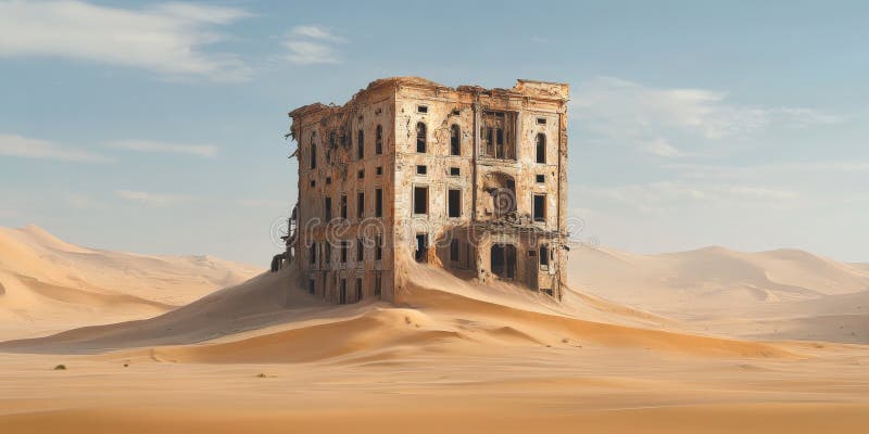 A large, dilapidated building in the middle of a vast desert, with shifting dunes gradually stock photography