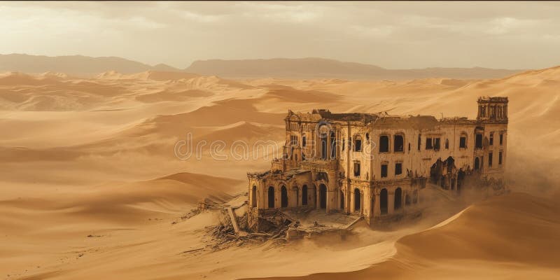 A large, dilapidated building in the middle of a vast desert, with shifting dunes gradually stock photo