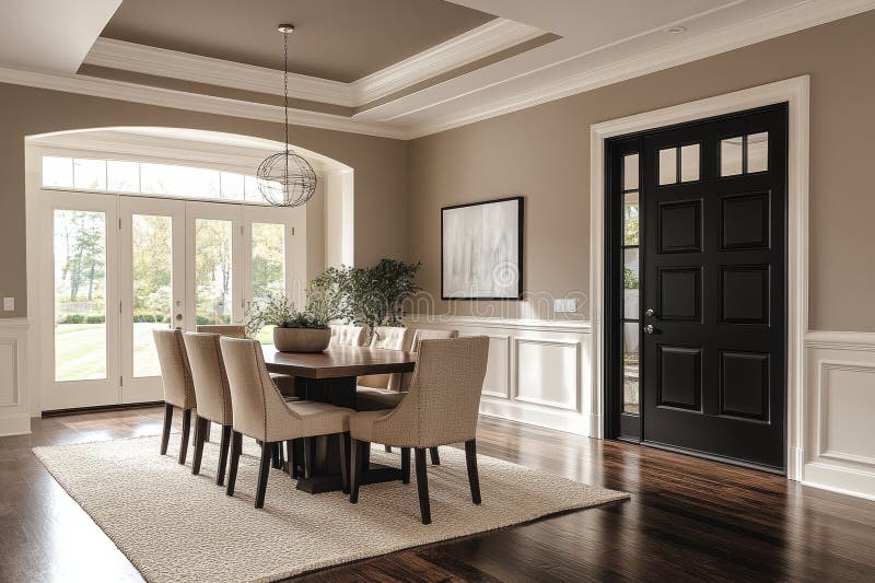 A large dining room with a black door and a white door stock images