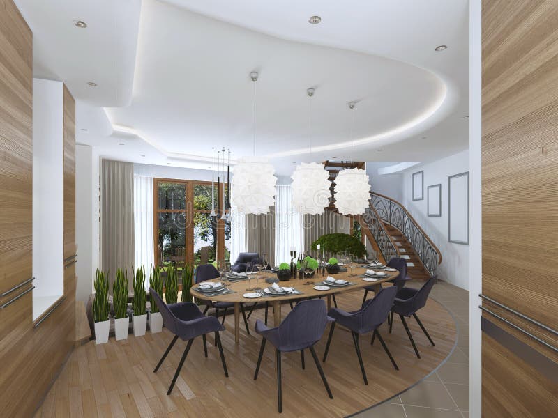 The large dining table in the kitchen area. stock photo