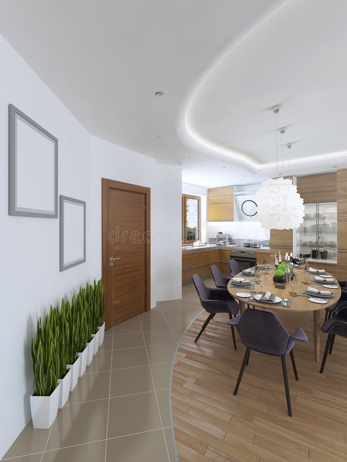 The large dining table in the kitchen area. stock image