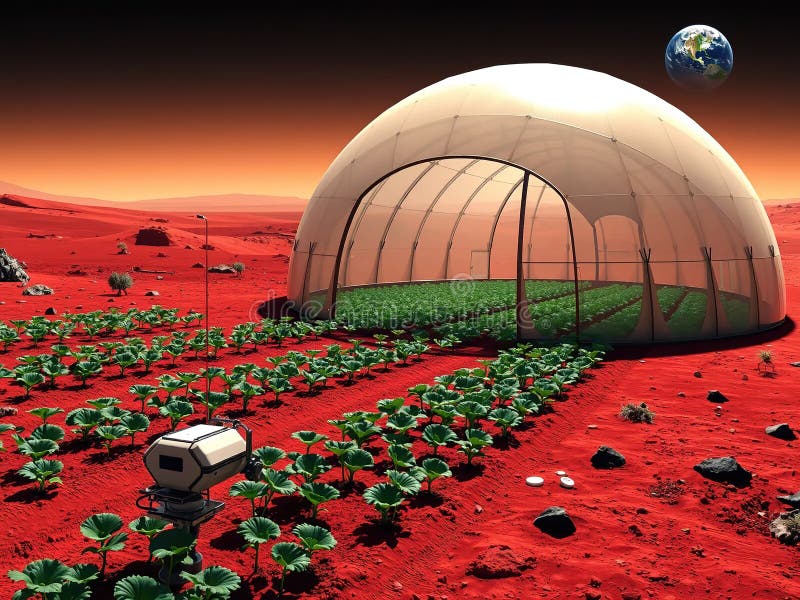 A large dome-shaped structure is surrounded by a field of plants on land of mars stock illustration.